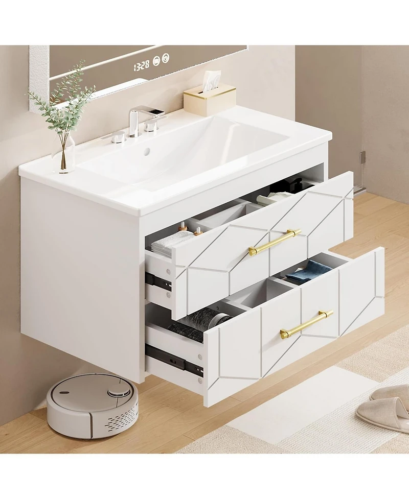 gaomon Floating Bathroom Vanity with Sink, Modern Wall-Mounted Cabinet Ceramic Top, 2 Drawer Storage for Small or Apartment