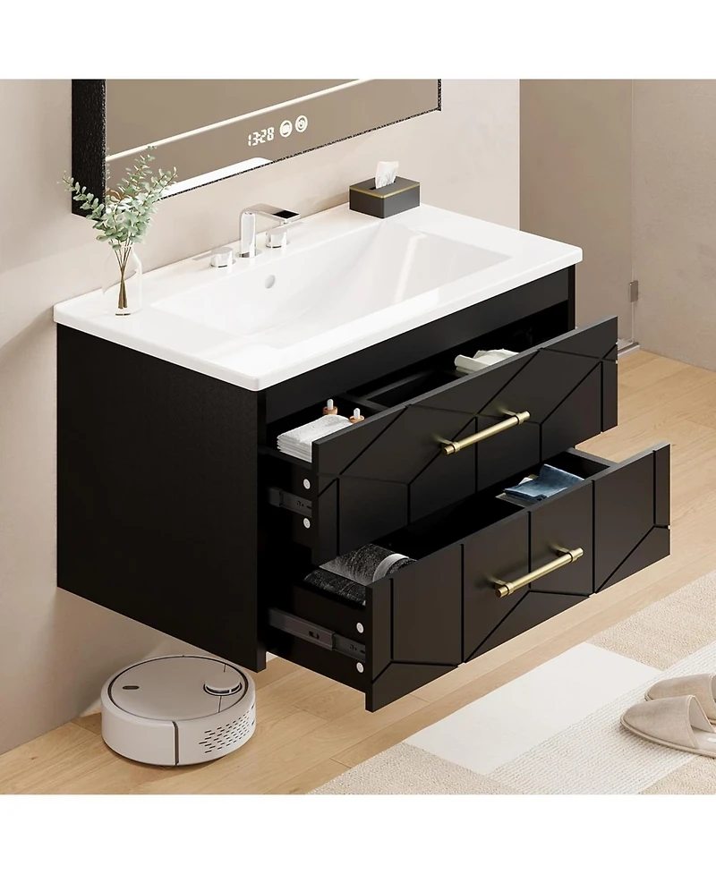gaomon Floating Bathroom Vanity with Sink, Modern Wall-Mounted Cabinet Ceramic Top, 2 Drawer Storage for Small or Apartment