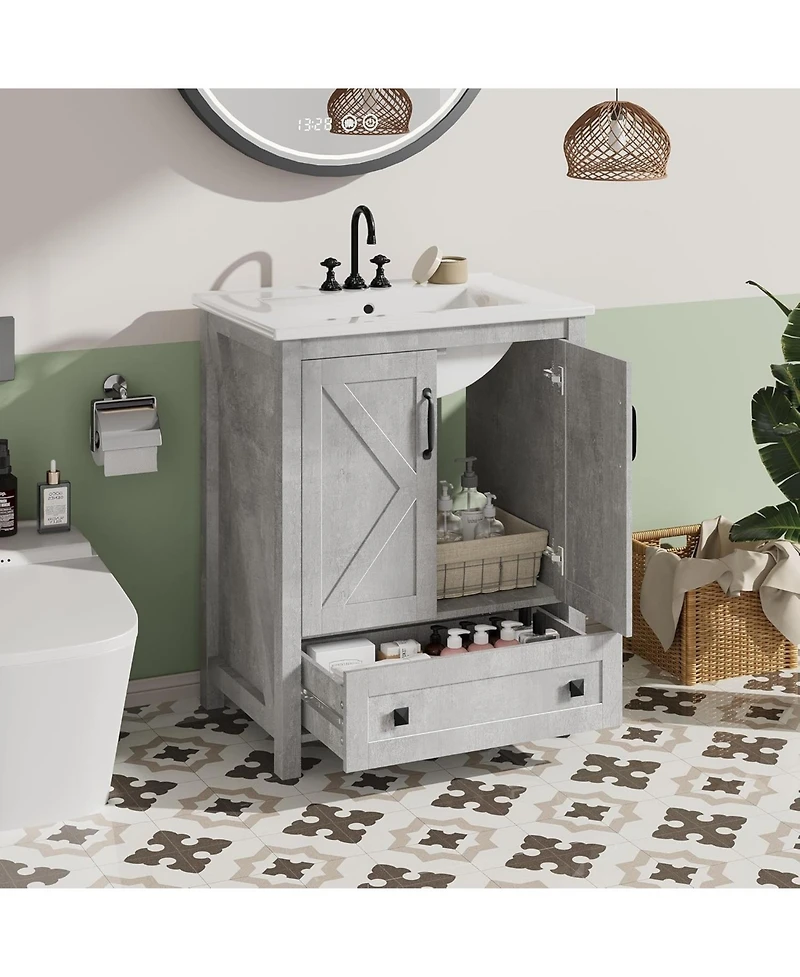 gaomon Bathroom Vanity with Ceramic Sink, Freestanding Cabinet with 2 Doors and Drawer Storage, Compact Design for Small Bathroom