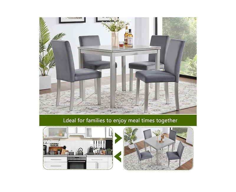 sumyeg 5-Piece Silver Grey Crystal Accent Wood Dining Set with Square Kitchen Table and 4 Upholstered Chairs