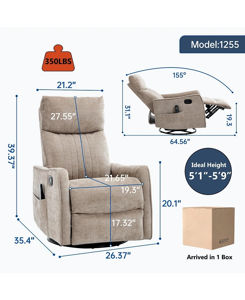 Boyel Living Heat Massage Manual Recliner Chair with Rocker Swivel in Fabric for Living Room
