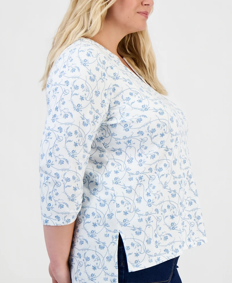 Style & Co Plus Vine Floral Split-Neck 3/4-Sleeve Tunic, Macy's Exclusive