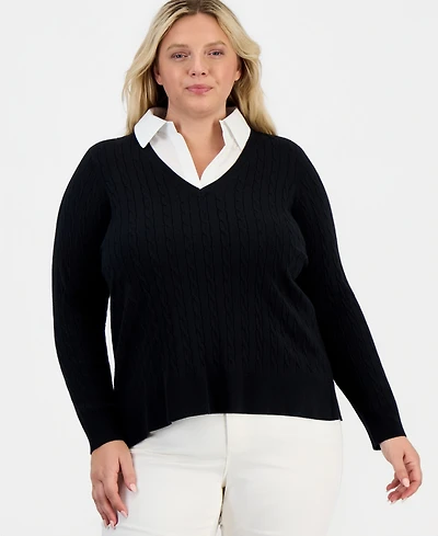 Style & Co Plus Layered Cable-Knit V-Neck Sweater, Macy's Exclusive