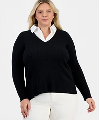 Style & Co Plus Layered Cable-Knit V-Neck Sweater, Macy's Exclusive