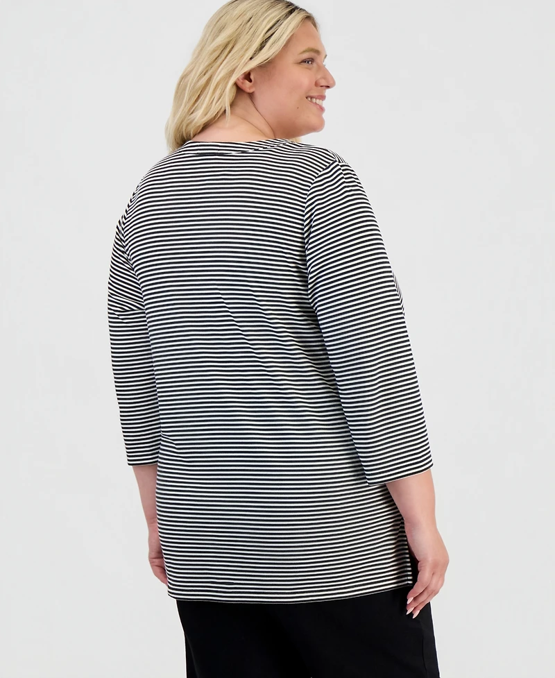 Style & Co Plus Feeder-Stripe 3/4-Sleeve Split-Neck Tunic, Macy's Exclusive