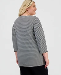 Style & Co Plus Feeder-Stripe 3/4-Sleeve Split-Neck Tunic, Macy's Exclusive