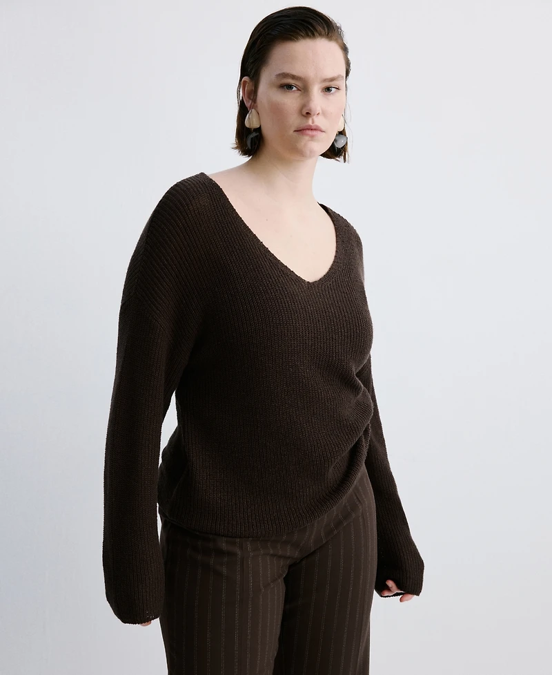 Mango Women's V-Neck Lace Pattern Knitted Sweater