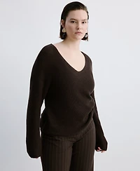 Mango Women's V-Neck Lace Pattern Knitted Sweater