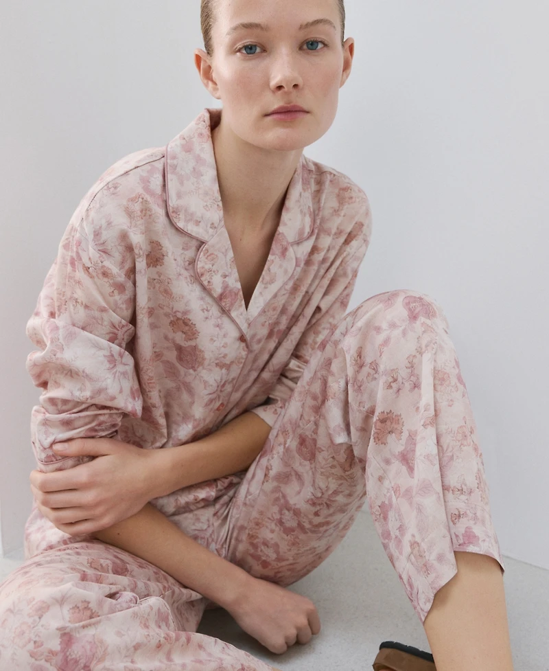 Mango Women's Piping Detail Printed Pajama Shirt