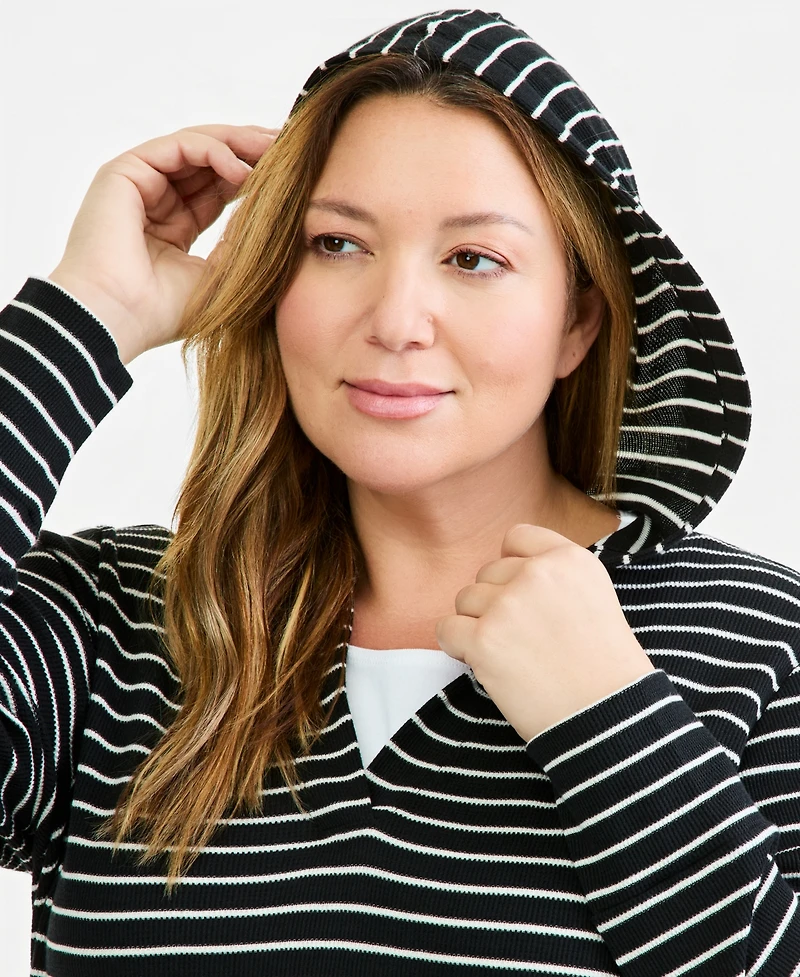 Style & Co Plus Waffle-Knit Striped V-Neck Hoodie, Macy's Exclusive