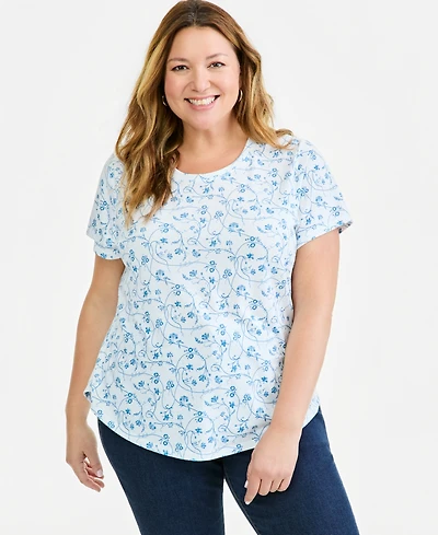 Style & Co Plus Vine Flora Floral Crewneck T-Shirt, Macy's Exclusive