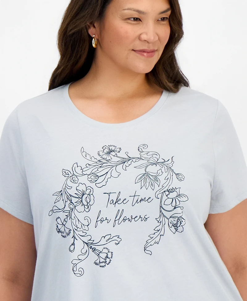 Style & Co. Plus Time For Flowers Graphic Crewneck Curved-Hem T-Shirt, Macy's Exclusive