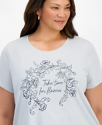 Style & Co. Plus Time For Flowers Graphic Crewneck Curved-Hem T-Shirt, Macy's Exclusive