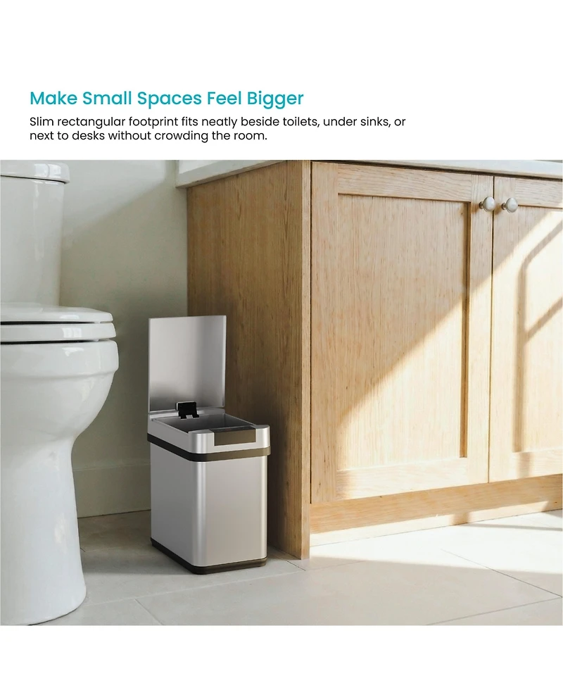 Home Zone Living 2 Gallon Slim Sensor Trash Can with Motion Sensor Lid and Touch Controls, Rectangular Stainless Steel, Silver