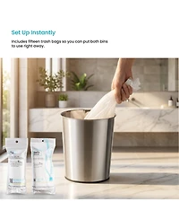 Home Zone Living Gallon Round Open Top Wastebasket, Stainless Steel, Silver, 2 Pack with Trash Bags