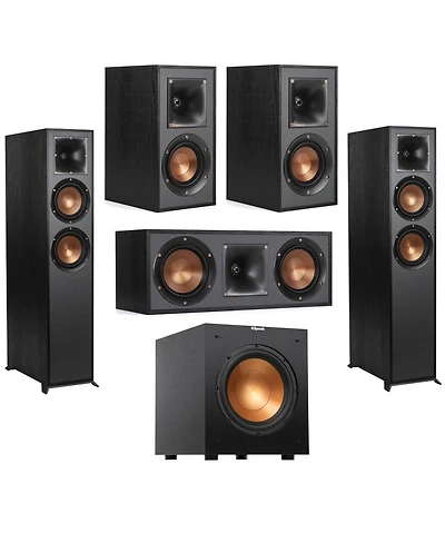 Klipsch Reference R-625FA 5.1 Home Theater Pack, Pair, Bundle with 2x R-41M Bookshelf Speakers, R-52C Center Speaker, R-100SW 300W Powered