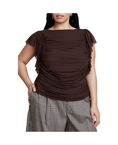 Eloquii Women's Plus Shirred Mesh Top With Shoulder Flounces