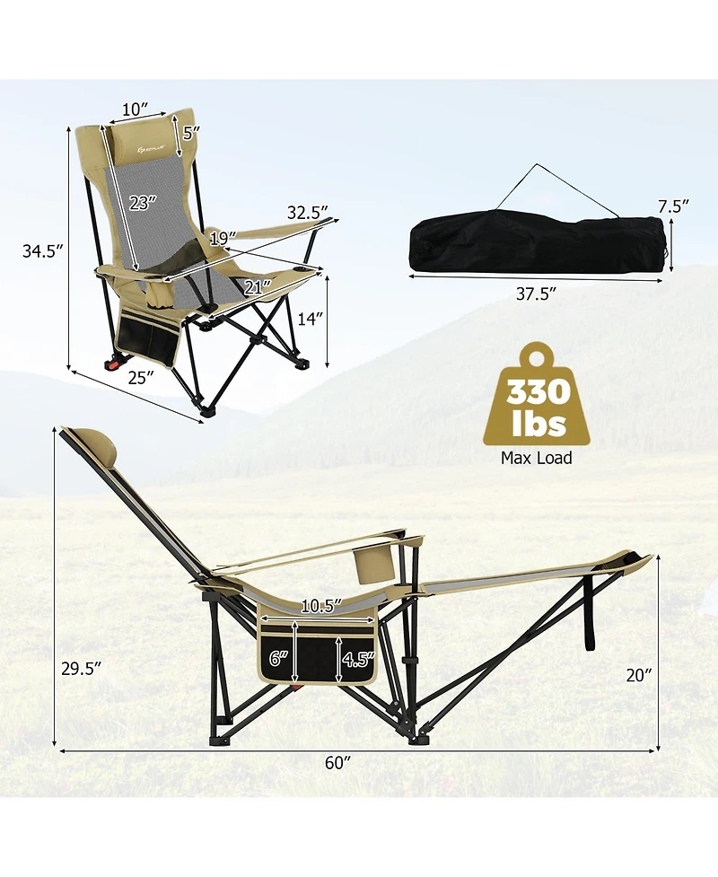 Gymax 2PCS Camping Lounge Chair w/Detachable Footrest and 4-position Backrest Bag