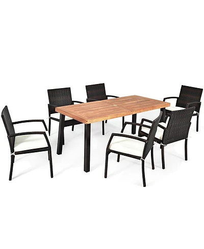Gymax 7PCS Patio Rattan Dining Set Wooden Table Top Cushioned Chair Garden
