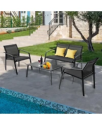 Costway 4 Pcs Patio Furniture Set Loveseat Sofas Armrest Glass Table Deck