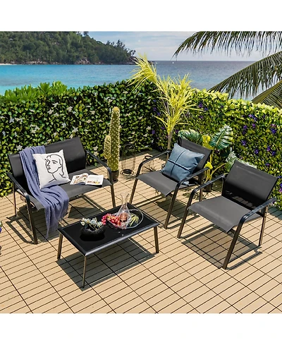 Costway 4 Pcs Patio Furniture Set Loveseat Sofas Armrest Glass Table Deck