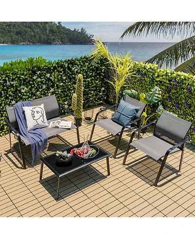 Costway 4 Pcs Patio Furniture Set Loveseat Sofas Armrest Glass Table Deck