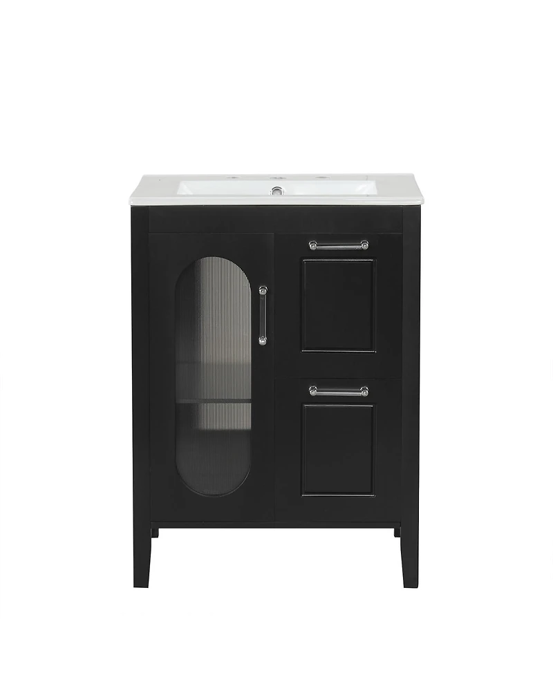 Sillysis Freestanding Bathroom Vanity with Sink, Solid Wood Cabinet, Moru Glass Door, Adjustable Shelf for Small Spaces