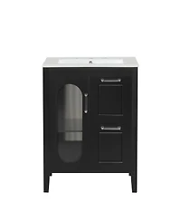 Sillysis Freestanding Bathroom Vanity with Sink, Solid Wood Cabinet, Moru Glass Door, Adjustable Shelf for Small Spaces