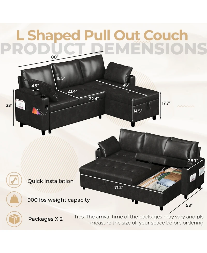 Aecojoy Sleeper Sofa Bed, 3-in-1 Pull Out Couch with Reversible Chaise, Leather
