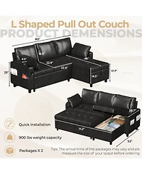 Aecojoy Sleeper Sofa Bed, 3-in-1 Pull Out Couch with Reversible Chaise, Leather