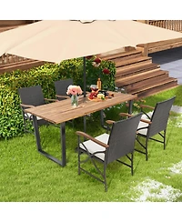 Sugift 5-Piece Patio Rattan Dining Set with Acacia Wood Tabletop and Armrests