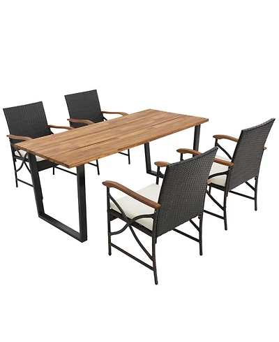 Sugift 5-Piece Patio Rattan Dining Set with Acacia Wood Tabletop and Armrests