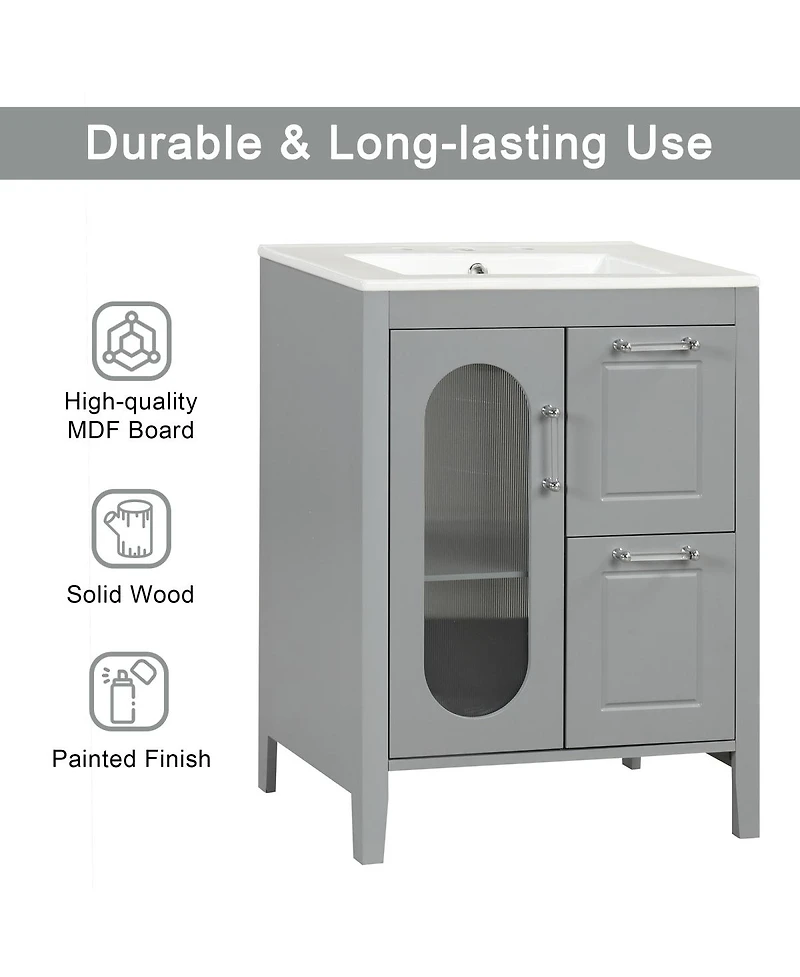 Sillysis Freestanding Bathroom Vanity with Sink, Solid Wood Cabinet, Moru Glass Door, Adjustable Shelf for Small Spaces