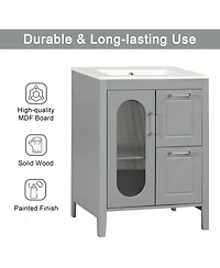 Sillysis Freestanding Bathroom Vanity with Sink, Solid Wood Cabinet, Moru Glass Door, Adjustable Shelf for Small Spaces