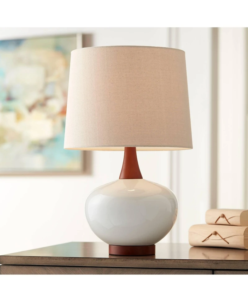 360 Lighting Modern Table Lamp with Usb Charging Port High Ivory Ceramic Drum Shade for Living Room Desk Bedroom House