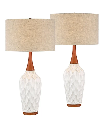360 Lighting Rocco Modern Mid Century Table Lamps Tall Set of 2 White Ceramic Tan Fabric Drum Shade for Bedroom Living Room Bedside Nightstand