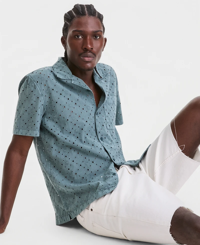 Sun + Stone Men's Cotton Eyelet Garment-Dyed Short-Sleeve Camp Shirt, Macy's Exclusive