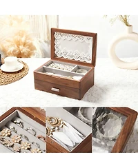 Yigii Solid Cherry Wood 2-Layer Jewelry Organizer with Glass Lid