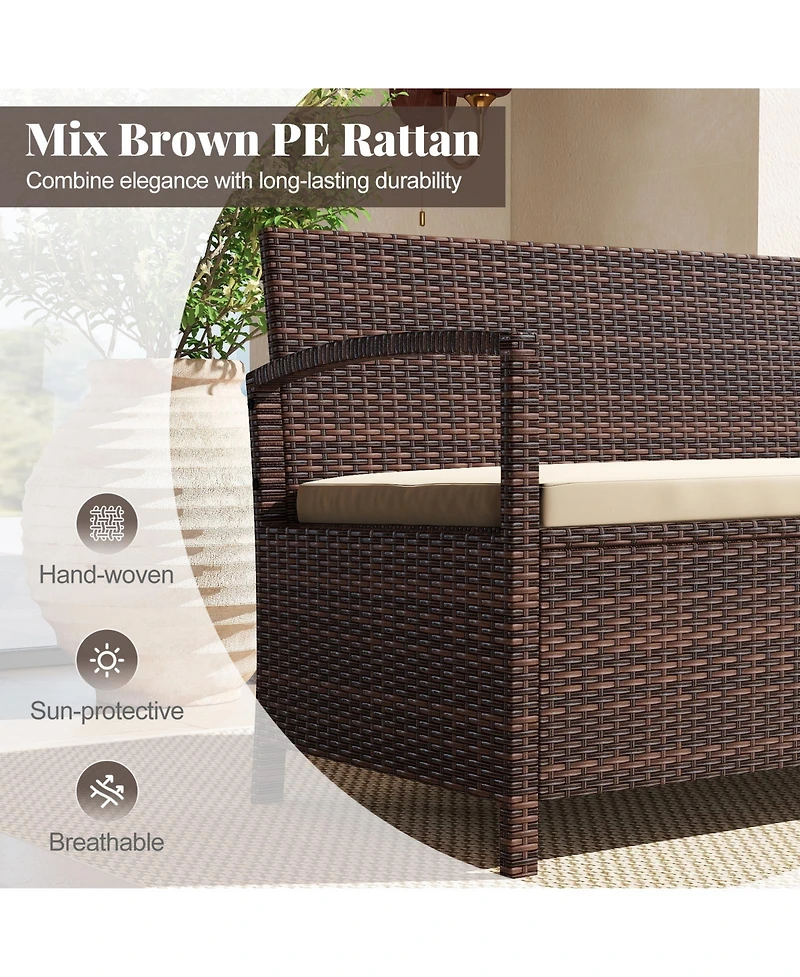 Gouun 2-Seater Pe Wicker Storage Bench with Cushion and 42-Gallon Deck Box