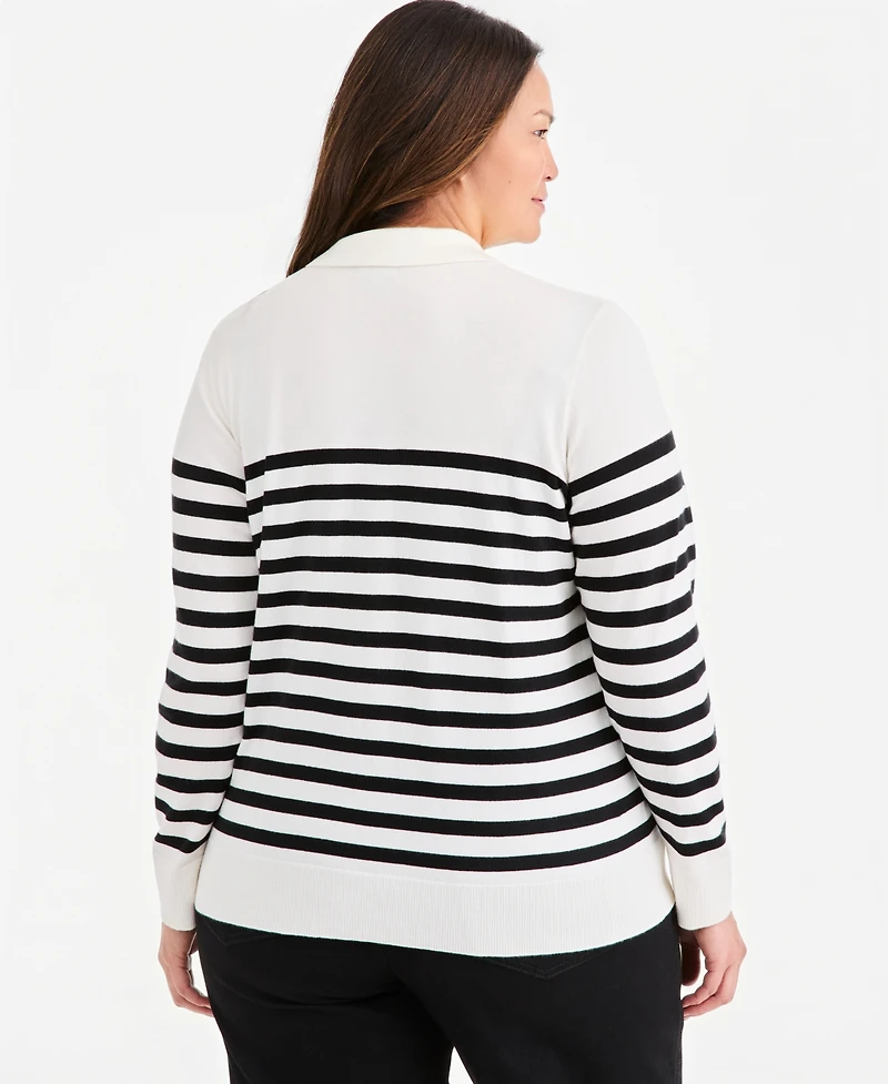 Style & Co Plus Striped Long-Sleeve Polo Sweater, Macy's Exclusive