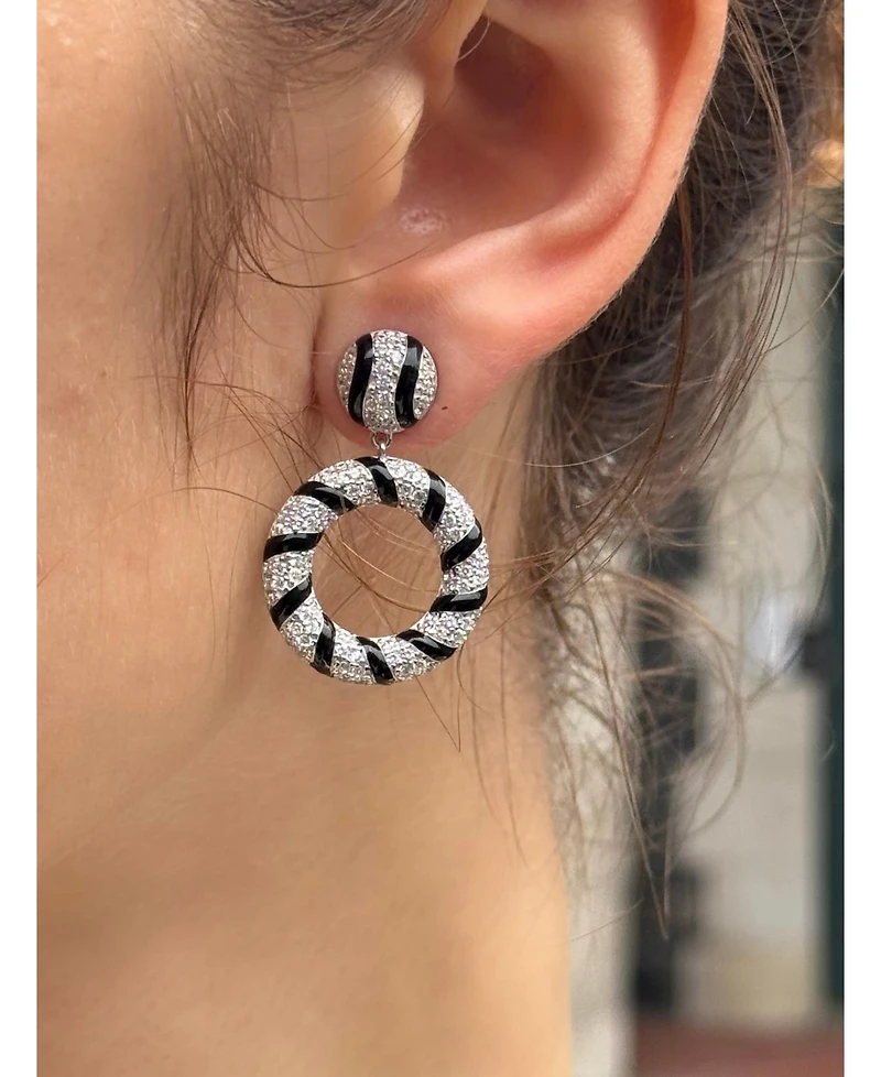 Suzy Levian Sterling Silver Pave White Cubic Zirconia Black Enamel Circle Drop Earrings