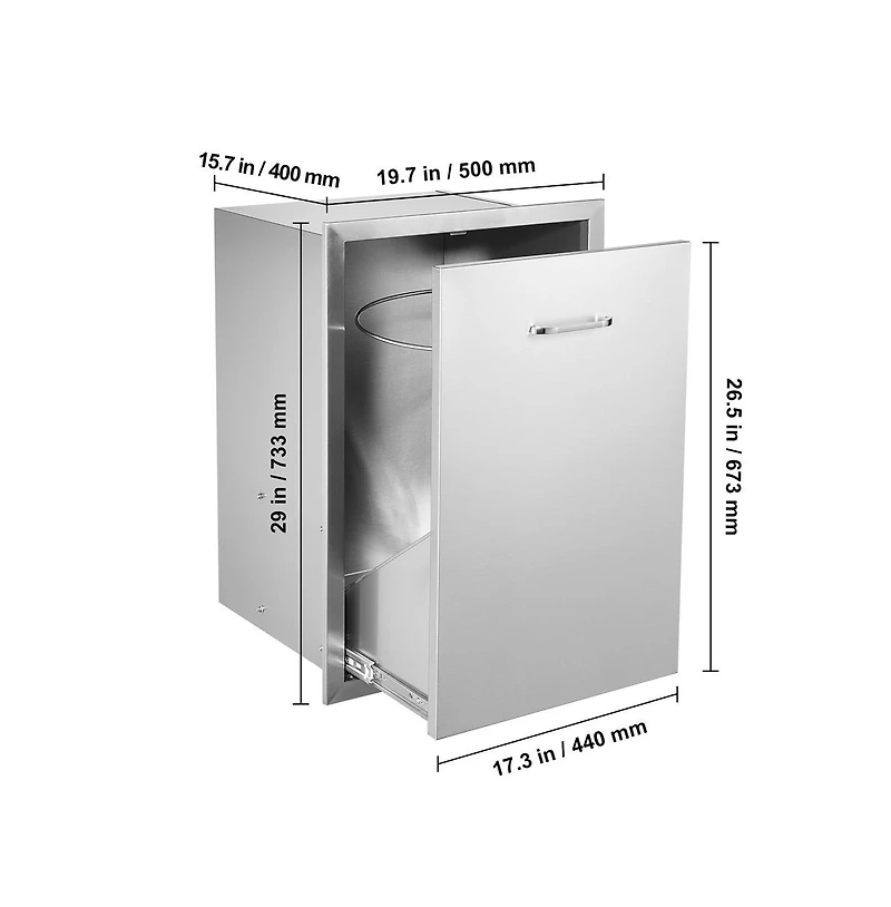 Sugift Pull Out Trash Drawer 19.7W x 26.5H in Outdoor Kitchen Stainless Steel