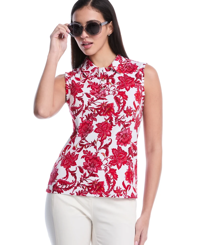 Rafaella Petite Botanical Print Ruffle Trim Sleeveless Polo Shirt
