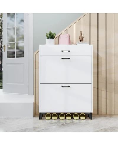 Rainsken Shoe Cabinet, Freestanding Shoe Organizer with 2 Flip Drawers, Hidden Shoe Storage Rack for Doorway, Hallway and Closet