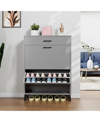 Rainsken Shoe Cabinet, Freestanding Organizer with 2 Flip Drawers, Hidden Storage Rack for Doorway, Hallway and Closet