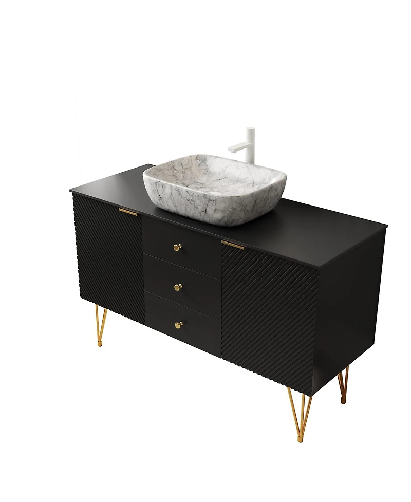 Sillysis Freestanding Black Bathroom Vanity Cabinet, Sintered Stone Top, 3 Drawers and 2 Doors Storage for Modern Bathroom