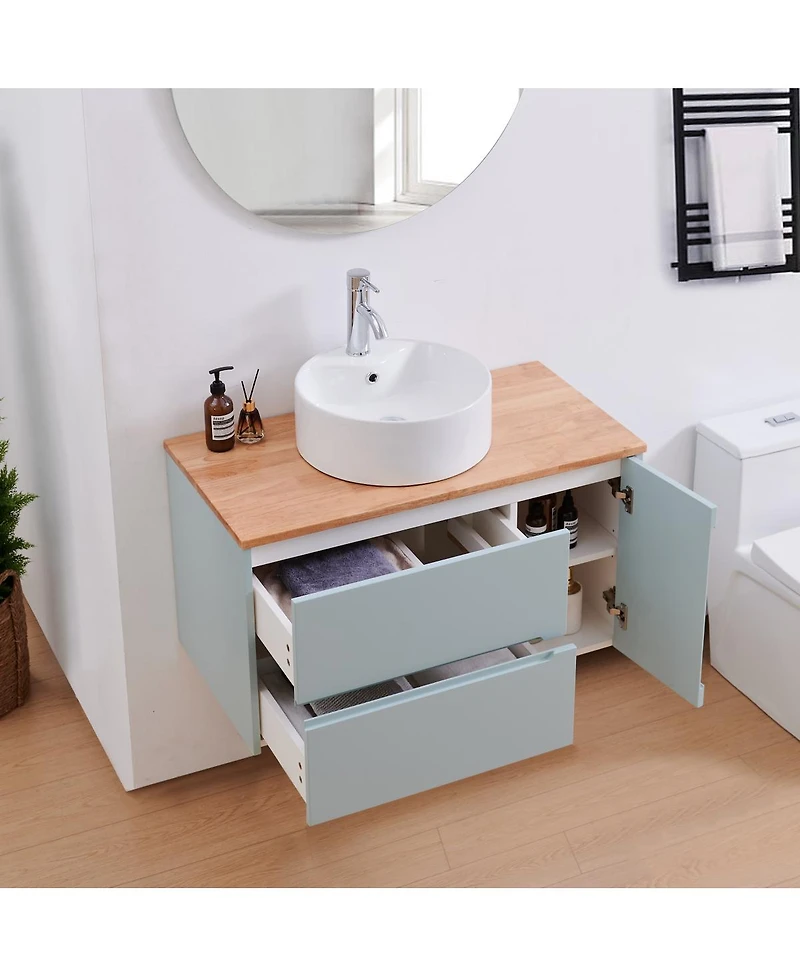 Sillysis Wall Mounted Vanity with Solid Wood Top, Double Drawers and Single Door, Round Ceramic Sink, Modern Minimalist Design