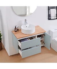 Sillysis Wall Mounted Vanity with Solid Wood Top, Double Drawers and Single Door, Round Ceramic Sink, Modern Minimalist Design