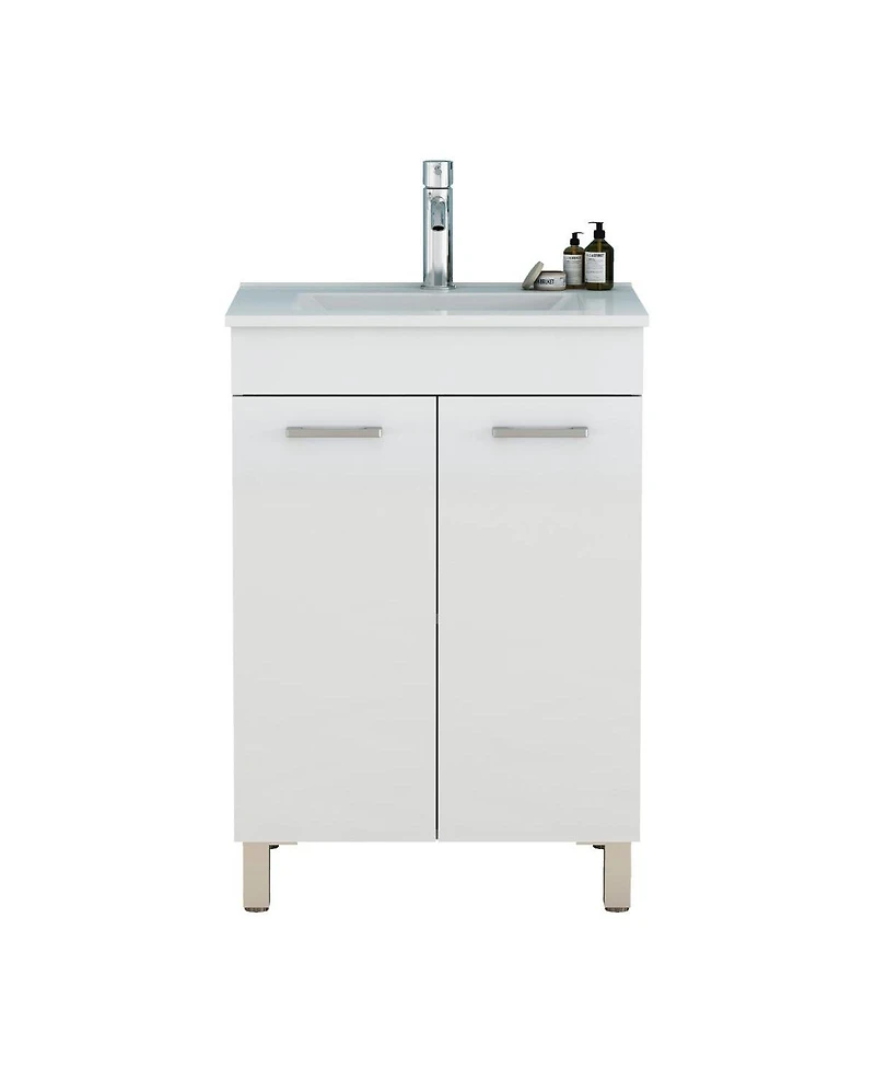Sillysis Glossy White Freestanding Bathroom Vanity with Ceramic Sink, Soft Close Doors
