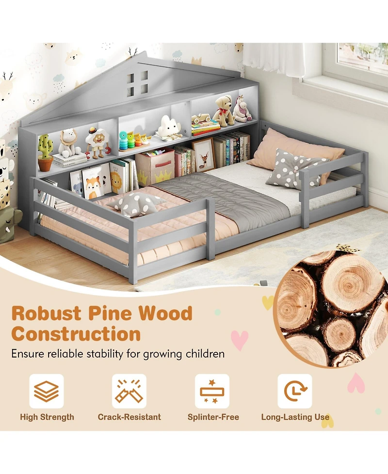 Slickblue Montessori Floor Bed with Storage Shelves and Compartments for Toddler Bedroom